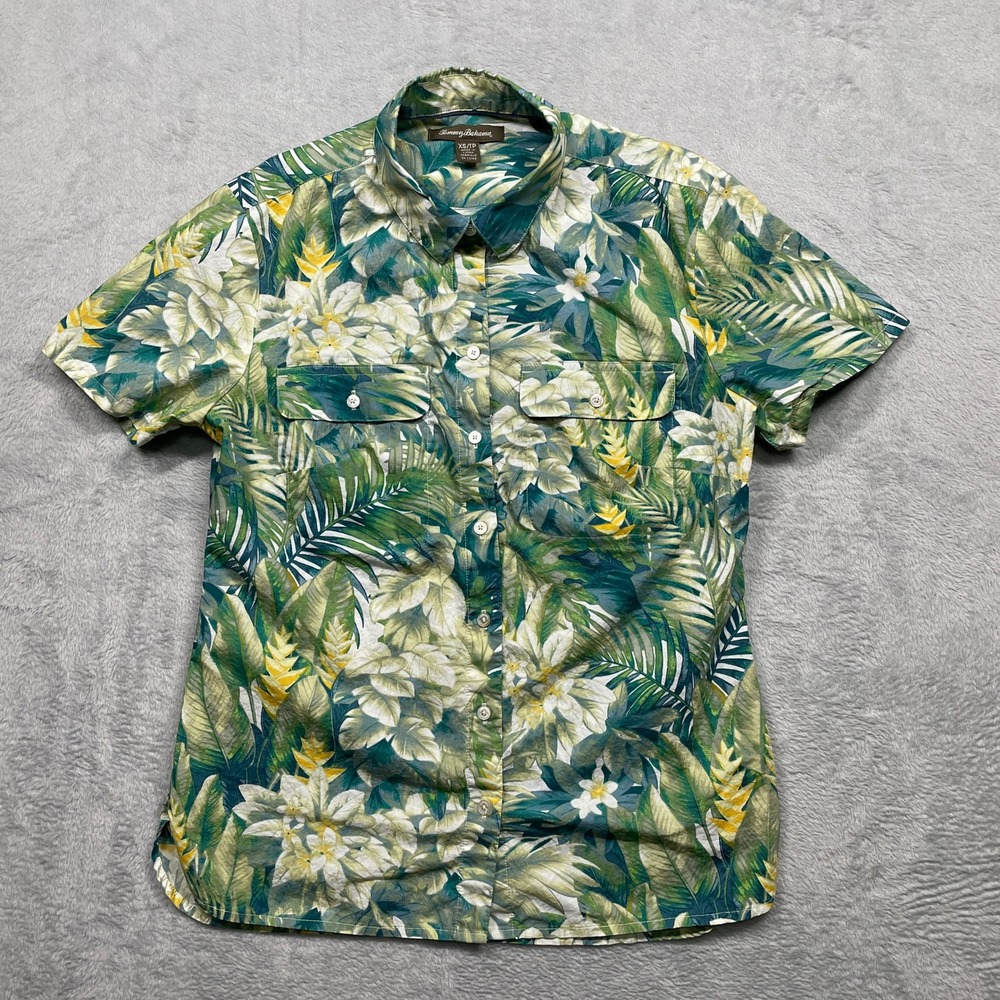 Tommy Bahama Button Up Shirt Mens XS Green Tropical Floral Hawaiian Short Sleeve